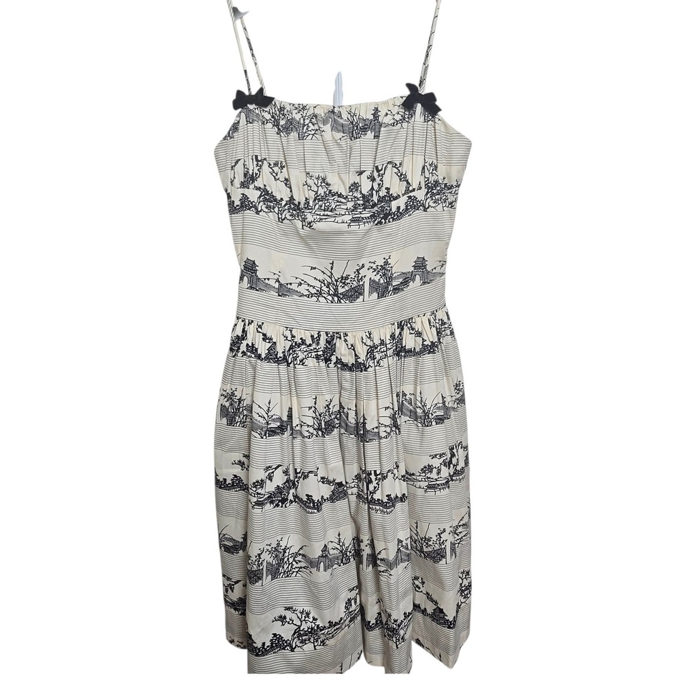 Vintage Tracy & Michael Toile Women's Dress Ivory Velvet Black Bow Strap Midi - Picture 2 of 13